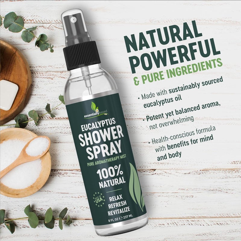 essentiallybased Pure Eucalyptus Shower Spray Big (8oz) - 100% Pure and Organic Oil - Eucalyptus Spray for Shower, Sauna and Spa - Steam Room Oil - Made in USA - Big (8oz) - Image 2